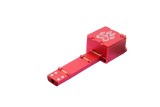 view of the wold grinders scorpion folding hand pipes. made of aircraft grade aluminum with a quartz bowl for performance smoking in a compact package with a red finish