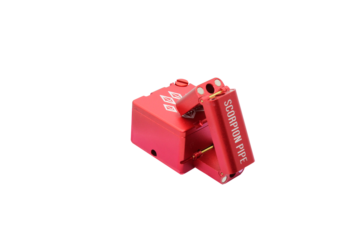 view of the wold grinders scorpion folding hand pipes. made of aircraft grade aluminum with a quartz bowl for performance smoking in a compact package finished in red. able to be folded for carry and storage.