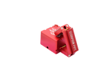 view of the wold grinders scorpion folding hand pipes. made of aircraft grade aluminum with a quartz bowl for performance smoking in a compact package finished in red. able to be folded for carry and storage.
