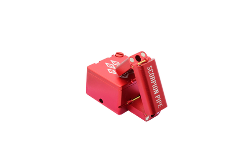 view of the wold grinders scorpion folding hand pipes. made of aircraft grade aluminum with a quartz bowl for performance smoking in a compact package finished in red. able to be folded for carry and storage.