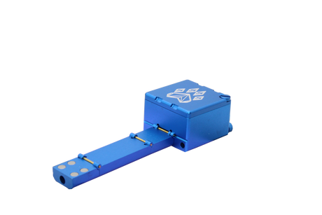 front view of the wolf grinders XL folding hand pipe. A well made compact pipe that hold a larger amount of flower for a longer smoke. it is created with a blue finish