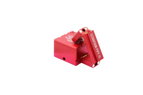 front view of the wolf grinders XL folding hand pipe. A grinder made with compact form in mind with durable aluminum and a sturdy red finish.