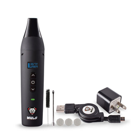 front view of the Wulf XL dry herb vaporizer and the other components in the package. A premium vaporizer with a high grade heating chamber with digital screen.