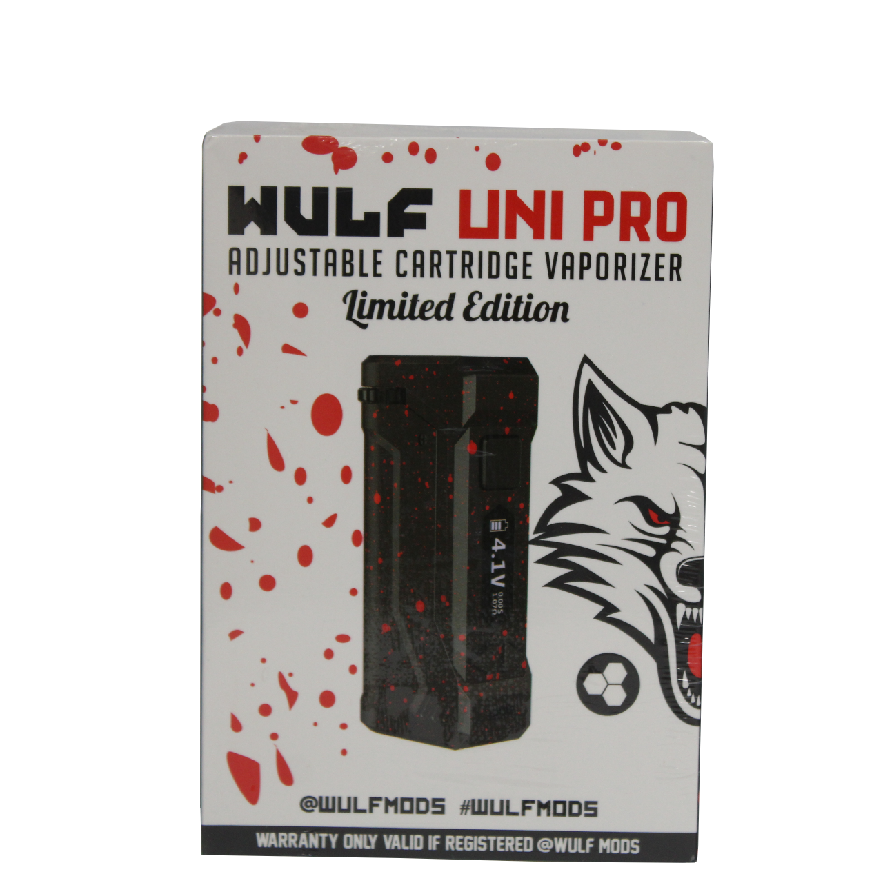 front view of the Wulf Uni pro. an improvement on the popular uni with digital screen and new black red splatter color