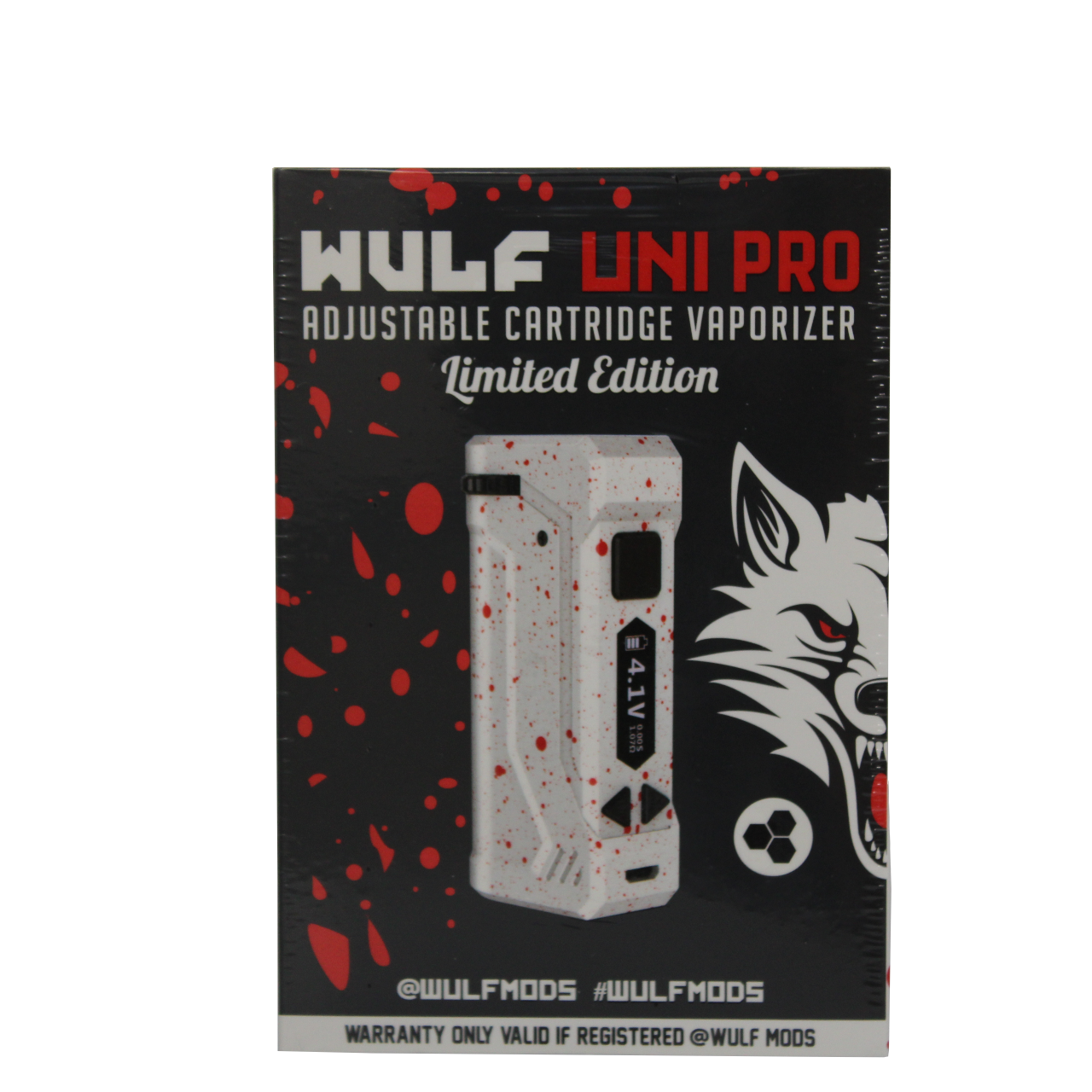 front view of the Wulf Uni pro. an improvement on the popular uni with digital screen and new limited edition white red splatter color