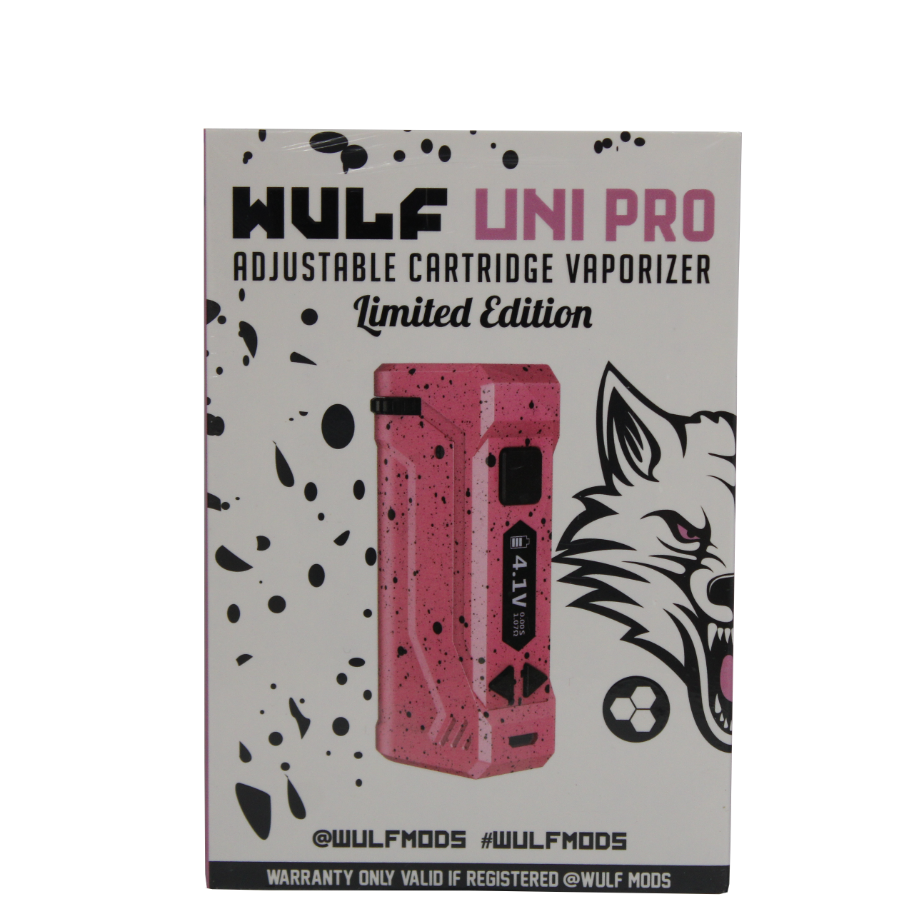 front view of the Wulf Uni pro. an improvement on the popular uni with digital screen and new limited edition pink black splatter color