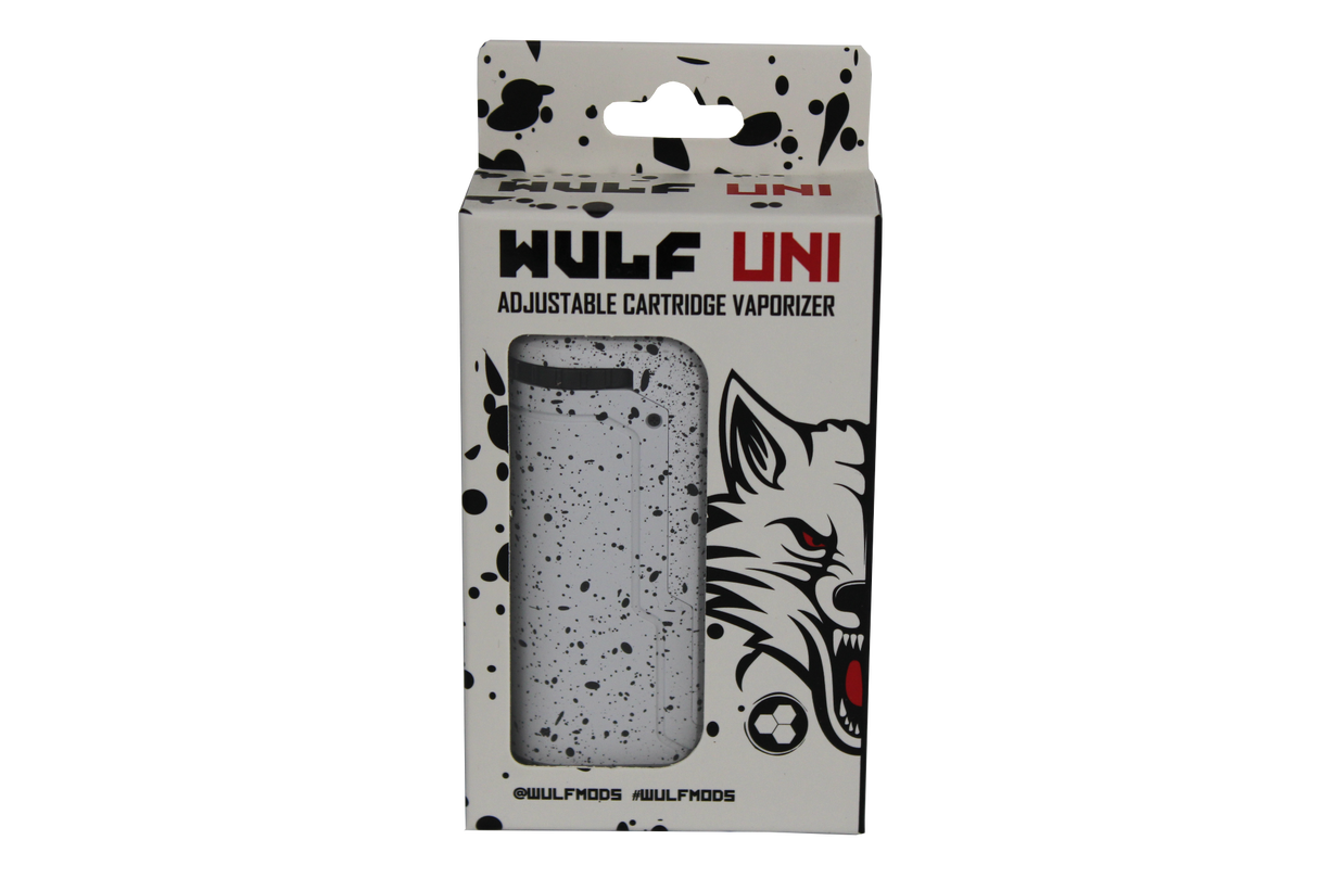 front view of the wulf mods white and black splatter UNI vaporizer made with a adjustable system for any cartridge to be used.