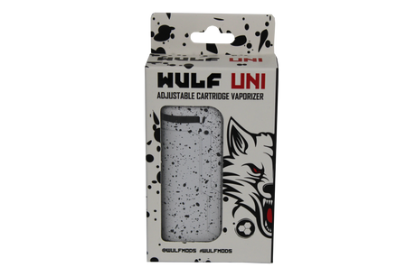 front view of the wulf mods white and black splatter UNI vaporizer made with a adjustable system for any cartridge to be used.