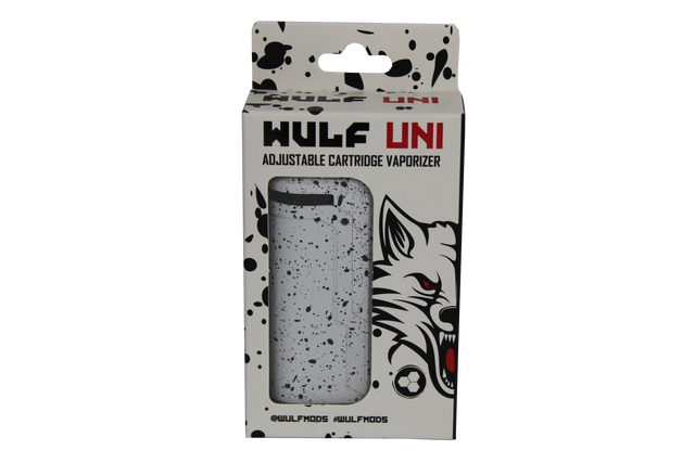 front view of the wulf mods white and black splatter UNI vaporizer made with a adjustable system for any cartridge to be used.