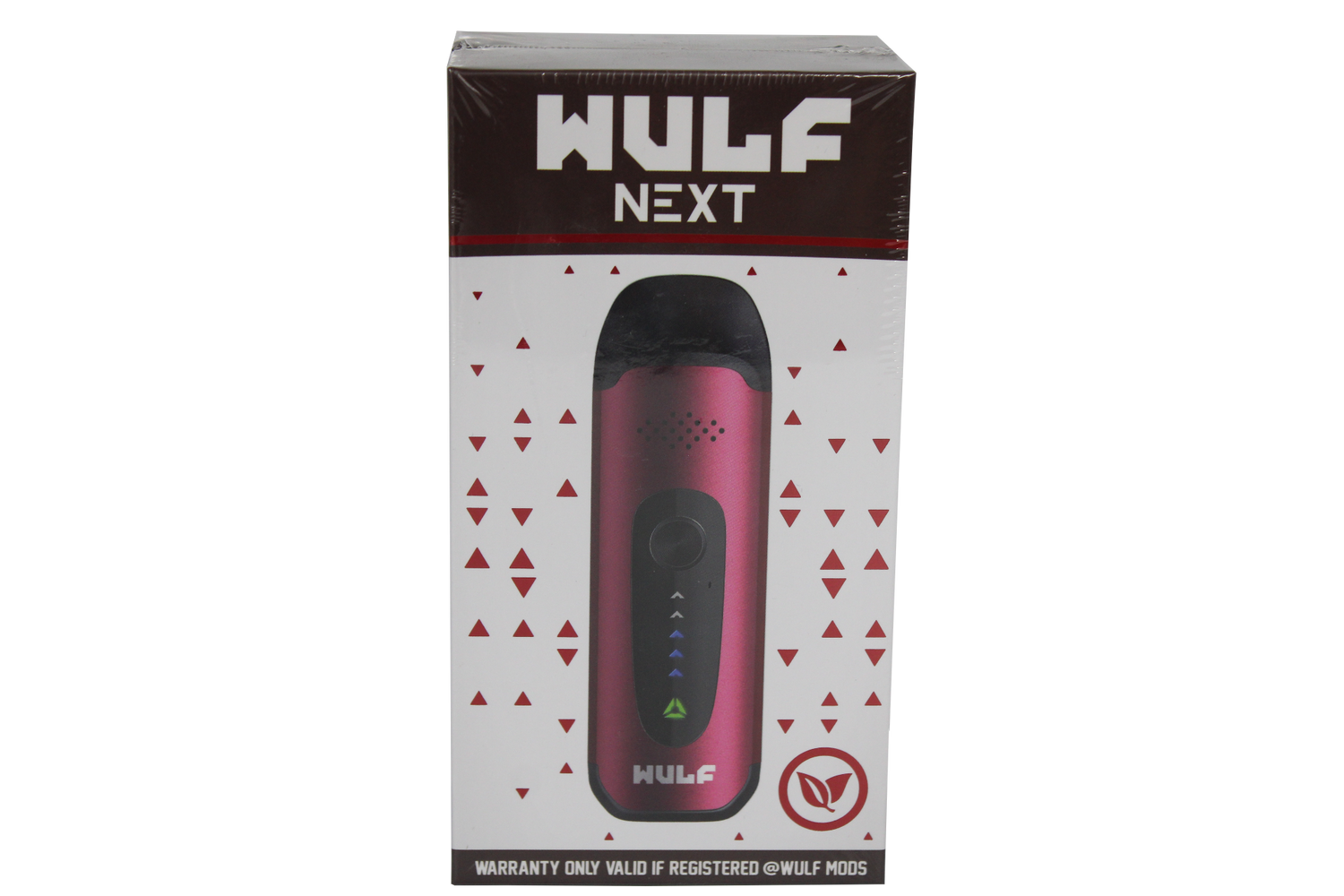 front view of the wulf next dry herb vaporizer. a portable and strong herb vaporizer for on the go smoking in a metallic red
