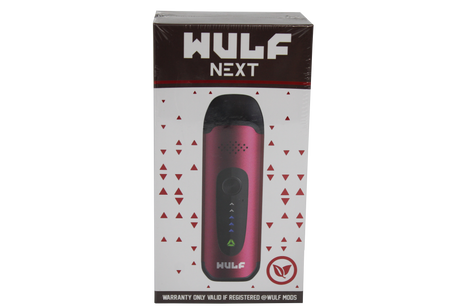 front view of the wulf next dry herb vaporizer. a portable and strong herb vaporizer for on the go smoking in a metallic red
