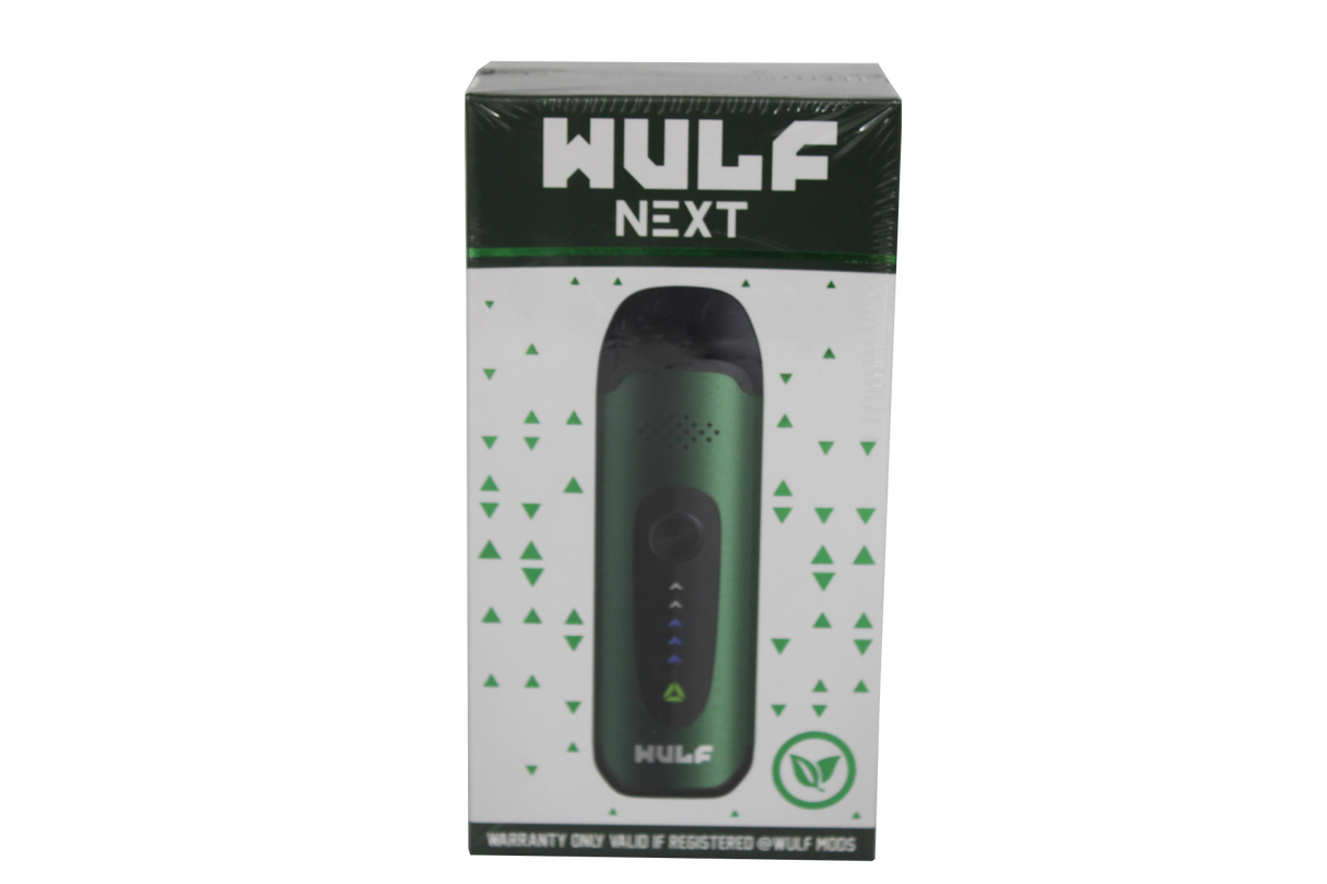 front view of the wulf next dry herb vaporizer. a portable and strong herb vaporizer for on the go smoking in a metallic green