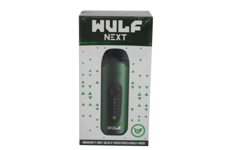front view of the wulf next dry herb vaporizer. a portable and strong herb vaporizer for on the go smoking in a metallic green