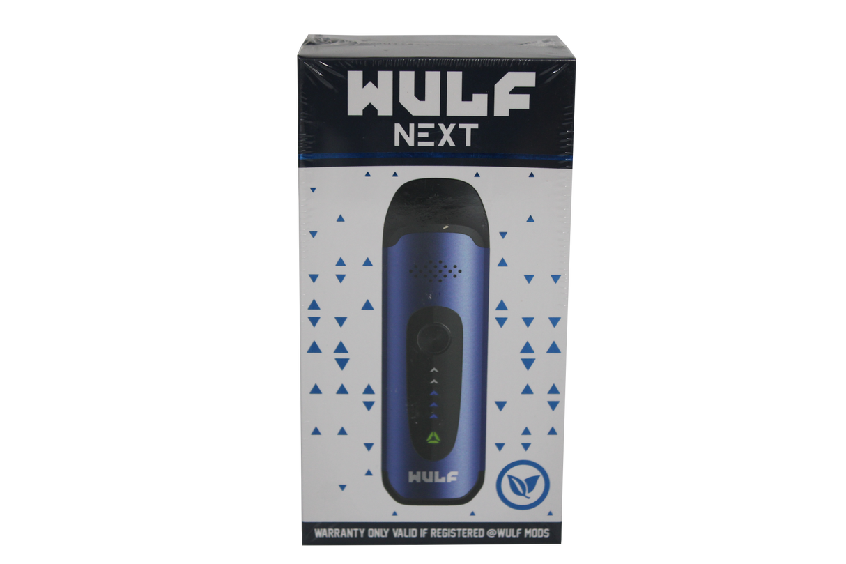 front view of the wulf next dry herb vaporizer. a portable and strong herb vaporizer for on the go smoking in a metallic blue