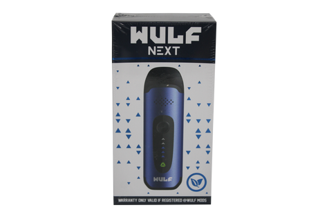 front view of the wulf next dry herb vaporizer. a portable and strong herb vaporizer for on the go smoking in a metallic blue
