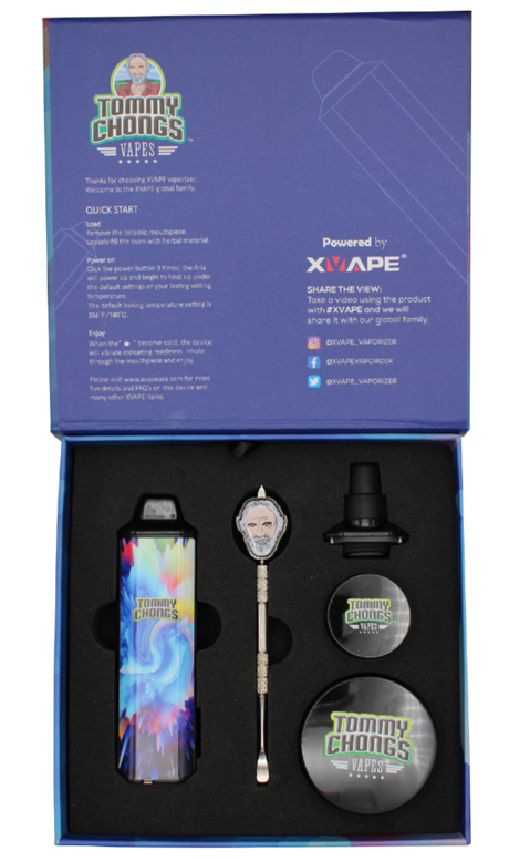 top view of the Xvape Tommy Chong Aria kit. A collaboration with a full encompassing kit for a wide range of concentrates.