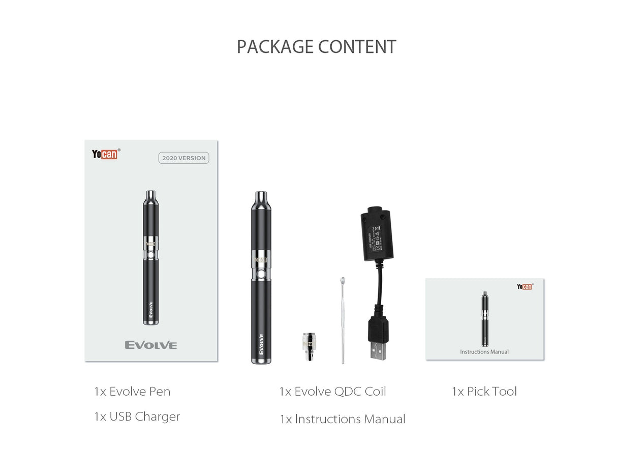 full view of the Yocan Evolve vaporizer and the package contents. A popular product for its long lasting battery, paired with convenient portability.