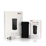 A front view of the Yocan Uni Pro in black and all the items that are inside the box.