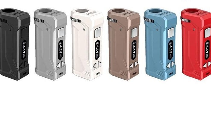 view of the Yocan UNI Pro box mod and all its available colors. A fast moving and popular vaporizer made by Yocan. 
