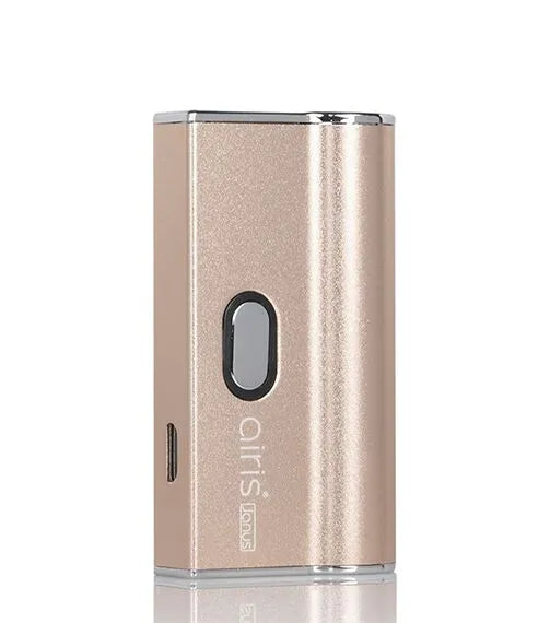 Front view of the Airis Janus 2-in-1 battery styled in a satin metallic Gold finish. This lightweight hybrid vape utilizes a central power button to toggle variable voltage settings for oil atomizers.
