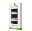 Front facing view of the Airistech Airis Q-Cell Wax Atomizer Tank 3-Piece Kit packaging in crisp white and green. This retail box contains three premium replacement vape tanks featuring advanced fritted quartz technology for wax extract consumption.