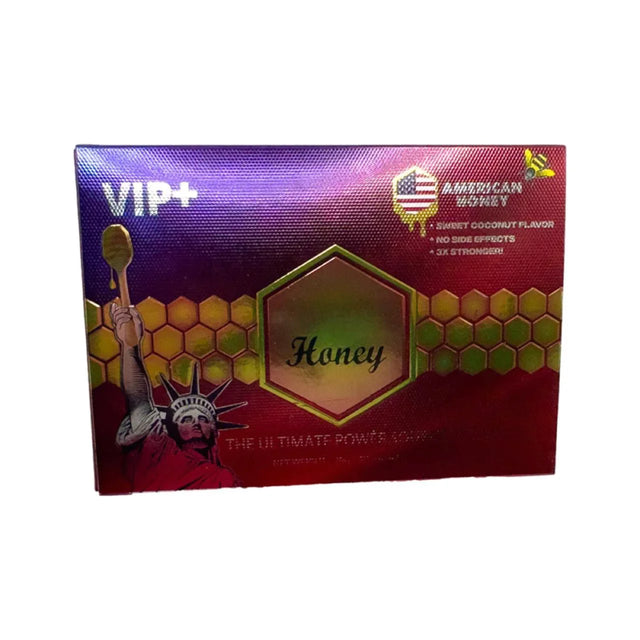 Angled overhead view of the American VIP Royal Honey 12-count retail display box featuring bold black, red, and gold branding. This professional wholesale countertop display container holds a dozen individual honey sachets formulated to naturally enhance male stamina, endurance, and physical performance.
