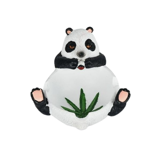 Side profile view of the assorted design metal ashtray showcasing a panda pattern. The wide, flat base ensures excellent tabletop stability to prevent accidental spills and keep surfaces clean from debris.