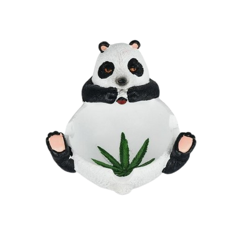 Side profile view of the assorted design metal ashtray showcasing a panda pattern. The wide, flat base ensures excellent tabletop stability to prevent accidental spills and keep surfaces clean from debris.