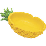Side profile view of the assorted design metal ashtray showcasing a pineapple pattern. The wide, flat base ensures excellent tabletop stability to prevent accidental spills and keep surfaces clean from debris.