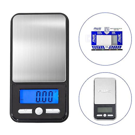 Close-up front profile view of the AWS 0.1g digital pocket scale highlighting the backlit LCD screen and tactile control buttons. This intuitive interface features a one-touch tare function, making it incredibly easy to zero out container weights for precise botanical measurements.