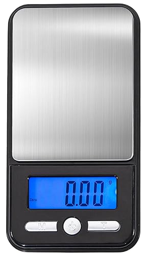 Angled overhead view of the AWS 150g x 0.1g digital pocket scale in black and silver with its protective cover open. This compact, high-precision scale is perfect for accurately weighing dry herbs, powders, and concentrates up to 150 grams.