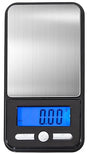 Angled overhead view of the AWS 150g x 0.1g digital pocket scale in black and silver with its protective cover open. This compact, high-precision scale is perfect for accurately weighing dry herbs, powders, and concentrates up to 150 grams.