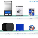Front view of the AWS 150g x 0.1g digital pocket scale displayed next to its official branded retail packaging. This essential, battery-operated weighing tool provides professional-grade accuracy in an incredibly pocket-friendly design.