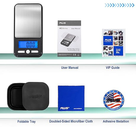 Front view of the AWS 150g x 0.1g digital pocket scale displayed next to its official branded retail packaging. This essential, battery-operated weighing tool provides professional-grade accuracy in an incredibly pocket-friendly design.