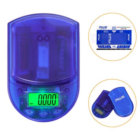 Angled view of the AWS BCM-150 measurement scale in clear blue with the lid closed. This compact pocket scale is built for on-the-go weighing with a precise 150g capacity and 0.01g accuracy.
