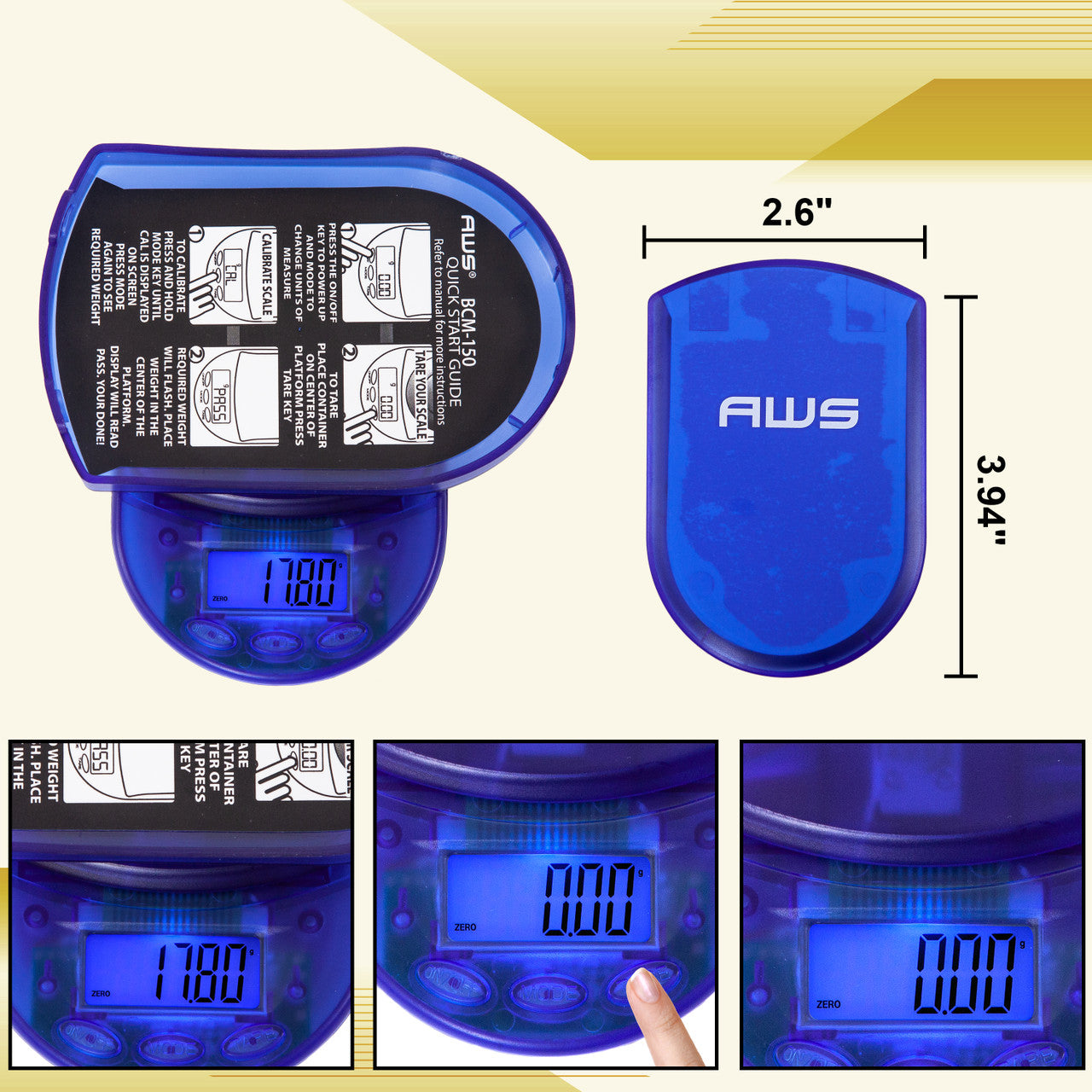 Angled overhead view of the AWS BCM-150 measurement scale in clear blue showing the detached cover. The removable lid acts as a protective shield during travel and doubles as a convenient weighing tray for small items.