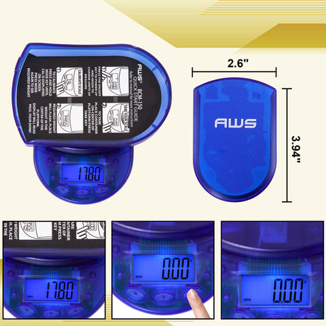 Angled overhead view of the AWS BCM-150 measurement scale in clear blue showing the detached cover. The removable lid acts as a protective shield during travel and doubles as a convenient weighing tray for small items.
