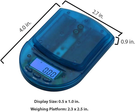 Front angled view of the AWS BCM-650 Measurement Scale in transparent blue. This compact digital pocket scale features a 650g maximum capacity to provide highly accurate, reliable weight readings for loose botanical herbs and solid concentrates.