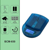 Front angled view of the AWS BCM-650 Measurement Scale in transparent blue. This compact digital pocket scale features a 650g maximum capacity to provide highly accurate, reliable weight readings for loose botanical herbs and solid concentrates.