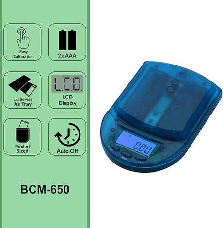 Front angled view of the AWS BCM-650 Measurement Scale in transparent blue. This compact digital pocket scale features a 650g maximum capacity to provide highly accurate, reliable weight readings for loose botanical herbs and solid concentrates.