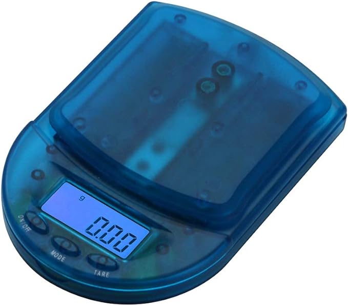 Front angled view of the AWS BCM-650 Measurement Scale in transparent blue. This compact digital pocket scale features a 650g maximum capacity to provide highly accurate, reliable weight readings for loose botanical herbs and solid concentrates.