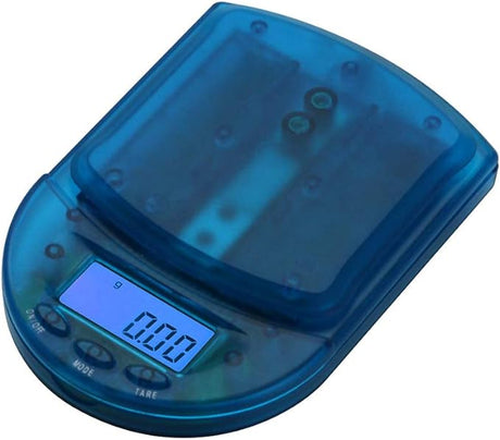 Front angled view of the AWS BCM-650 Measurement Scale in transparent blue. This compact digital pocket scale features a 650g maximum capacity to provide highly accurate, reliable weight readings for loose botanical herbs and solid concentrates.