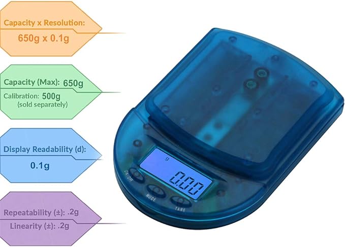Front angled view of the AWS BCM-650 Measurement Scale in transparent blue. This compact digital pocket scale features a 650g maximum capacity to provide highly accurate, reliable weight readings for loose botanical herbs and solid concentrates.