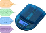 Front angled view of the AWS BCM-650 Measurement Scale in transparent blue. This compact digital pocket scale features a 650g maximum capacity to provide highly accurate, reliable weight readings for loose botanical herbs and solid concentrates.
