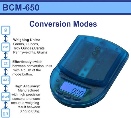 Front angled view of the AWS BCM-650 Measurement Scale in transparent blue. This compact digital pocket scale features a 650g maximum capacity to provide highly accurate, reliable weight readings for loose botanical herbs and solid concentrates.