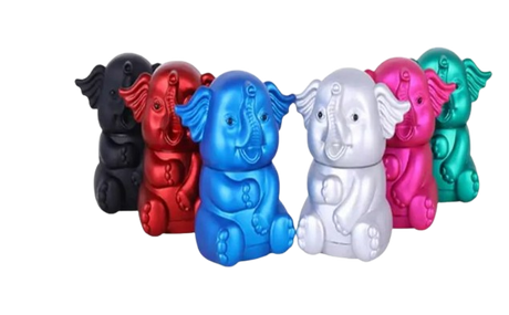 Front view of the Baby Elephant dry herb grinder cast in a metallic gray finish. This three-dimensional, animal-themed novelty preparation tool features a sculpted character exterior that provides a textured grip while grinding dense botanical matter.