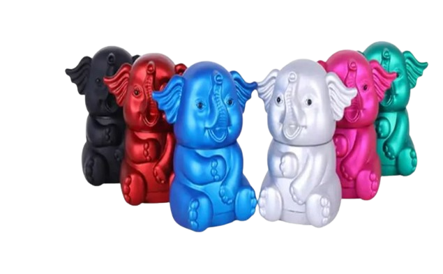 Front view of the Baby Elephant dry herb grinder cast in a metallic gray finish. This three-dimensional, animal-themed novelty preparation tool features a sculpted character exterior that provides a textured grip while grinding dense botanical matter.
