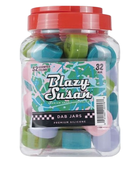 Front view of the Blazy Susan 32mm dab jars in a 52-count retail display tub featuring assorted vibrant colors. These heat-resistant, non-stick silicone containers provide ample space to keep your waxes and concentrates fresh.