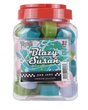 Front view of the Blazy Susan 32mm dab jars in a 52-count retail display tub featuring assorted vibrant colors. These heat-resistant, non-stick silicone containers provide ample space to keep your waxes and concentrates fresh.