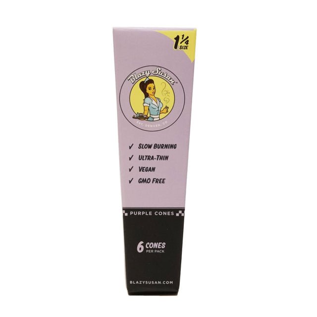 Front view of a single light purple Blazy Susan cardboard pack containing six 1 1/4 size pre-rolled cones. These ready-to-pack purple cones are made from premium wood pulp to offer a slow, even burn without the hassle of hand-rolling.